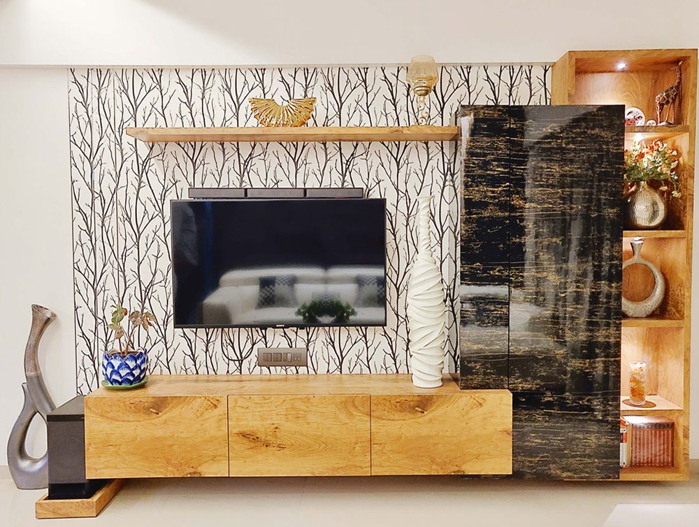 TV unit with wood and stone finishes